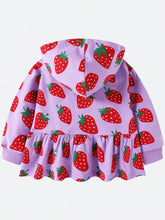Young Girls' Purple Hoodie Long Sleeve Zip-Up Jacket, Casual Street Style Fashion With Random Strawberry Print, Autumn/Winter Sportswear